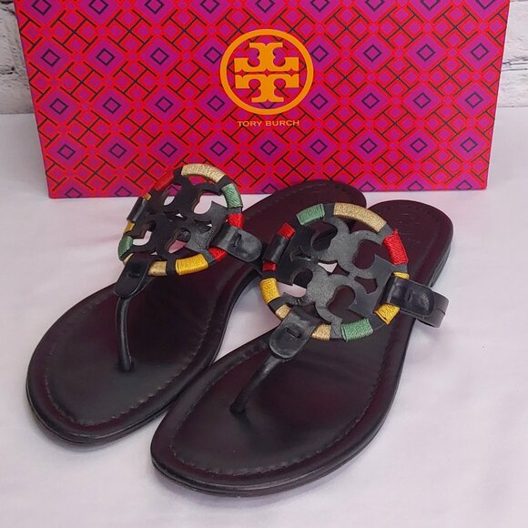 TORY BURCH 'MILLER' LEATHER THONG SANDALS EMBROIDERED W/'TB' BOX - Picture 9 of 16